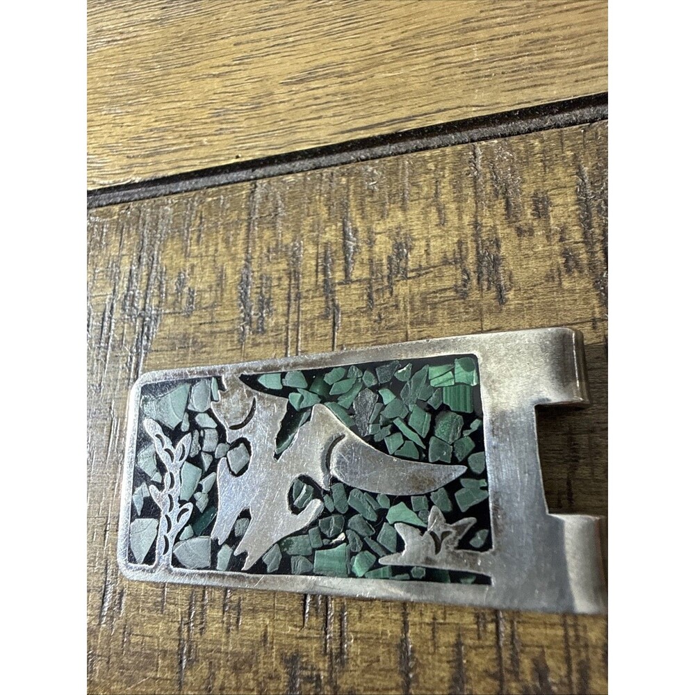 MEXICO 925 Sterling Silver - Vintage Inlaid Malachite M Money Clip 24.87 Grams